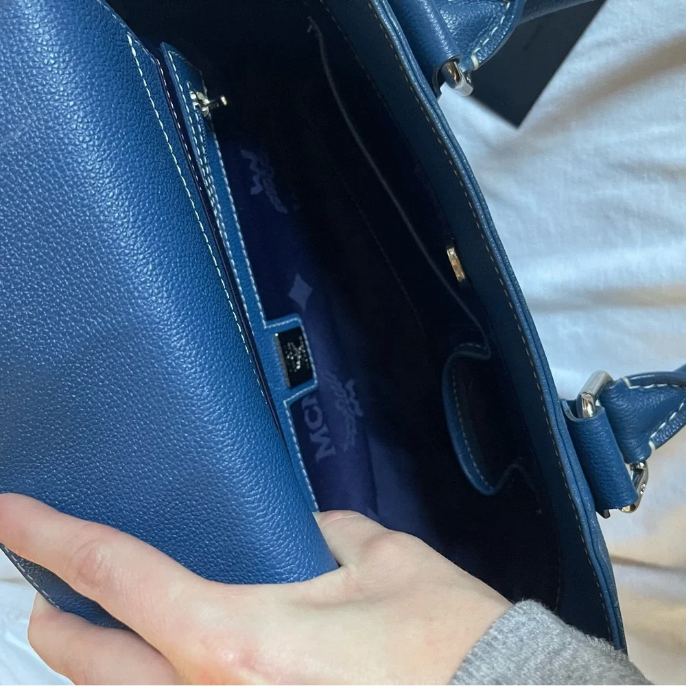 MCM Navy Blue Leather Boston Handbag Small Silver Hardware COA - Picture 11 of 11